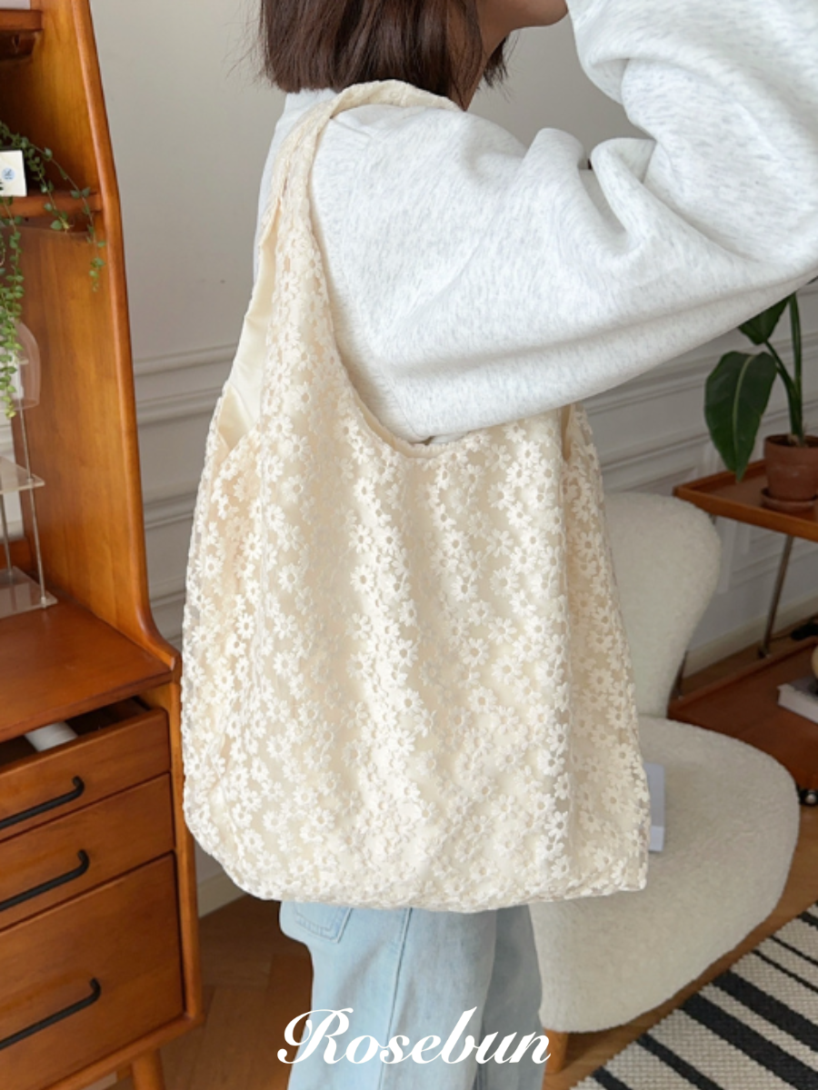 𝑹𝒐𝒔𝒆𝒃𝒖𝒏.現貨 夏日網紗花花帆布包 帆布袋 海灘包包 夏天包包 網紗包 花花包