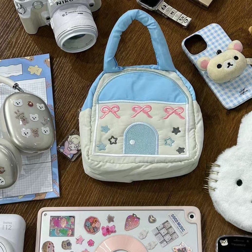 小房子刺繡手提拉鍊包