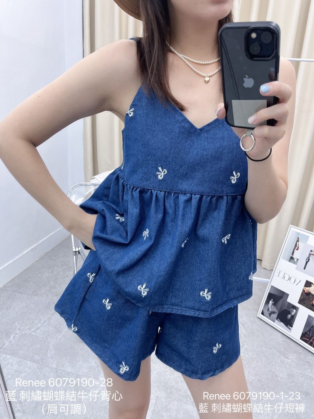 刺繡蝴蝶結牛仔背心/刺繡蝴蝶結牛仔短褲