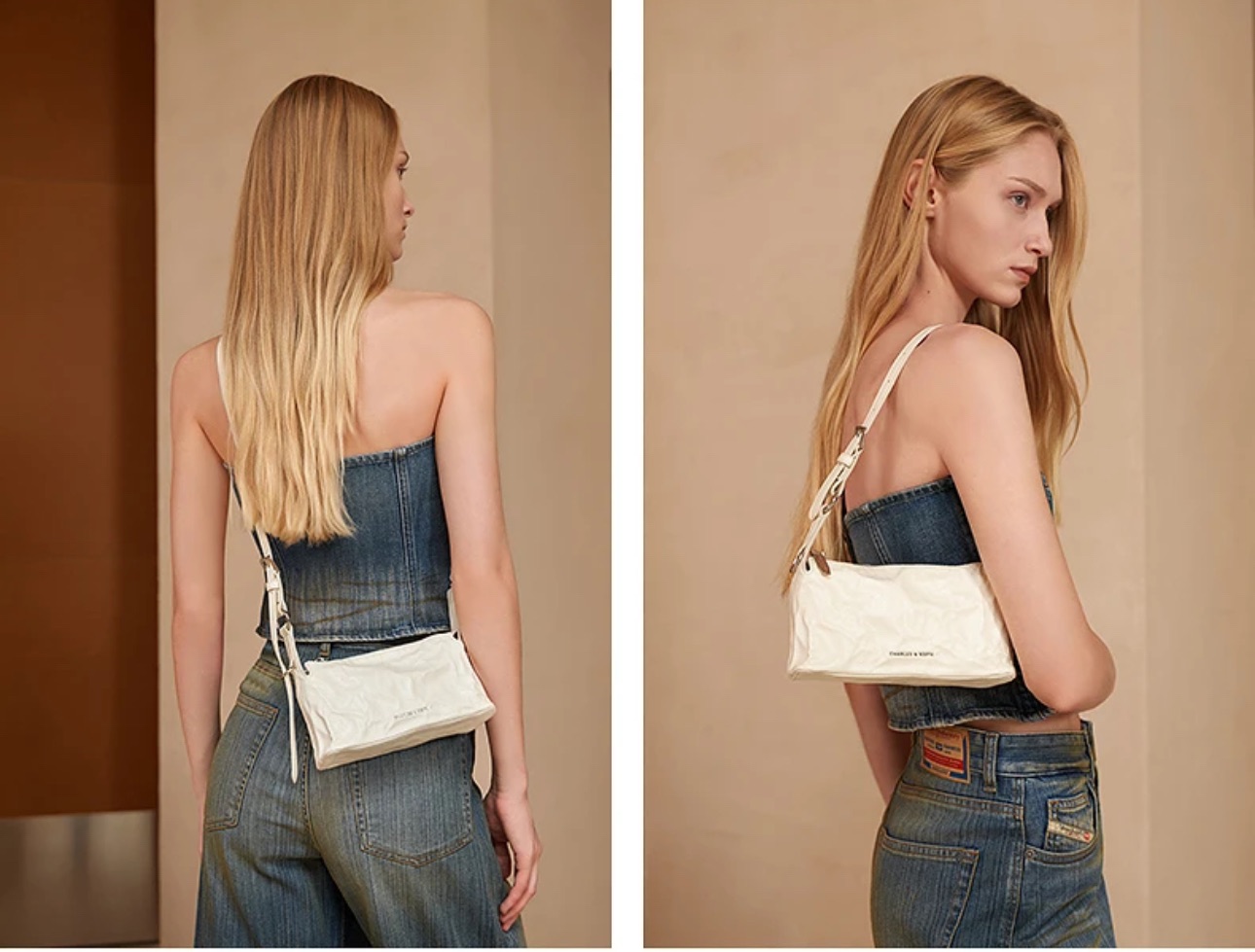 小Ck褶皺油蠟皮斜挎小方包