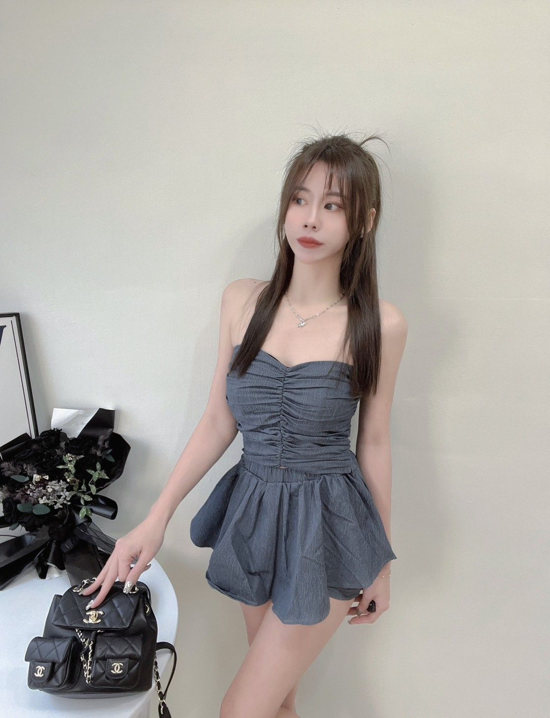 抓皺平口背心＋鬆緊短褲裙