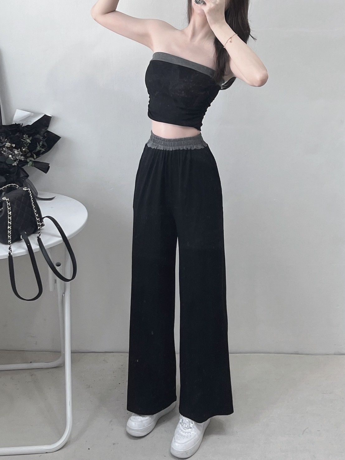 撞色平口背心＋高腰寬褲套裝💫