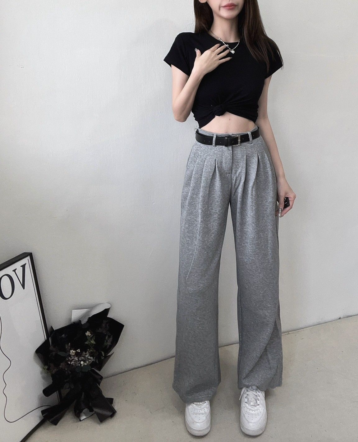 率性配色套裝 落地高腰打褶寬褲（附皮帶）💫