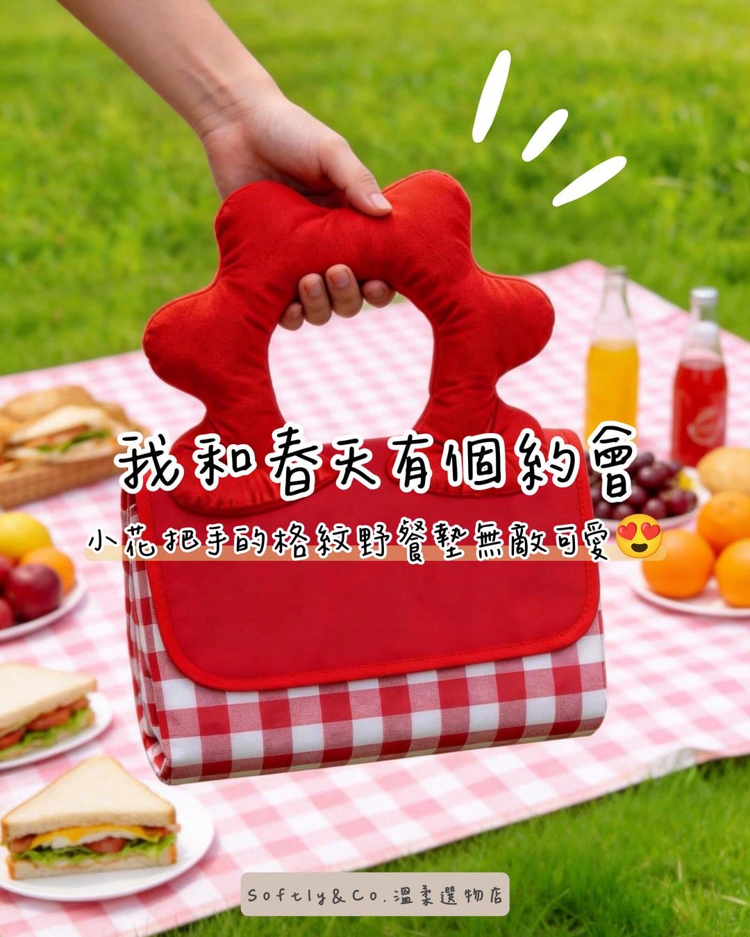 露營野餐好夥伴！好可愛小花把手格紋手提野餐墊（預購）