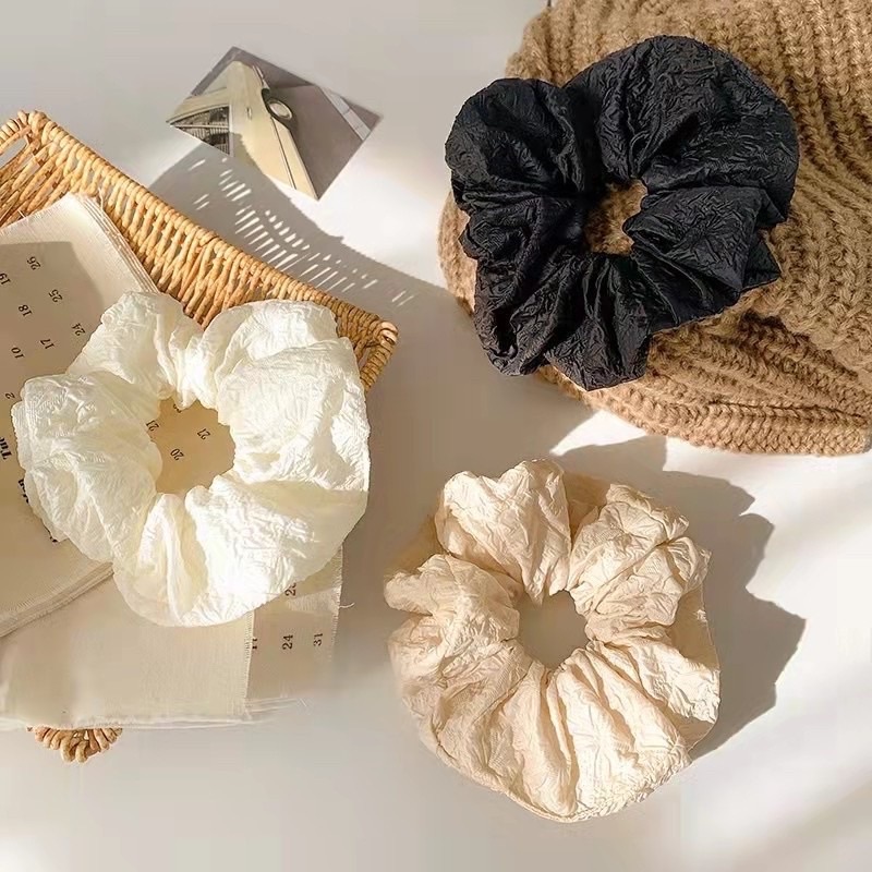 法式復古肌理感大腸髮圈 純色奶油泡泡皺褶髮圈 森系簡約高級髮飾