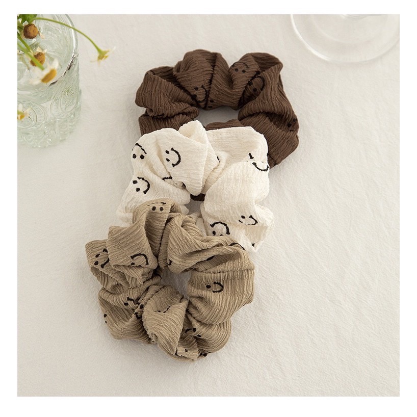 大地色笑臉大腸髮圈 泡泡皺褶肌理髮髮圈 棕色卡其白色微笑髮飾 簡約甜美少女頭繩