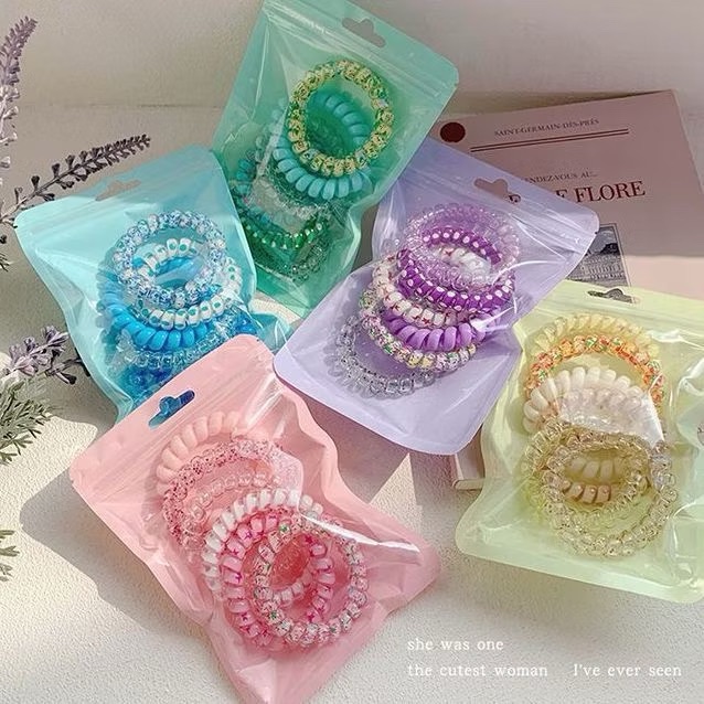 6入裝！馬卡龍色電話線髮圈 夏日清新漸變髮圈 夾鏈袋包裝