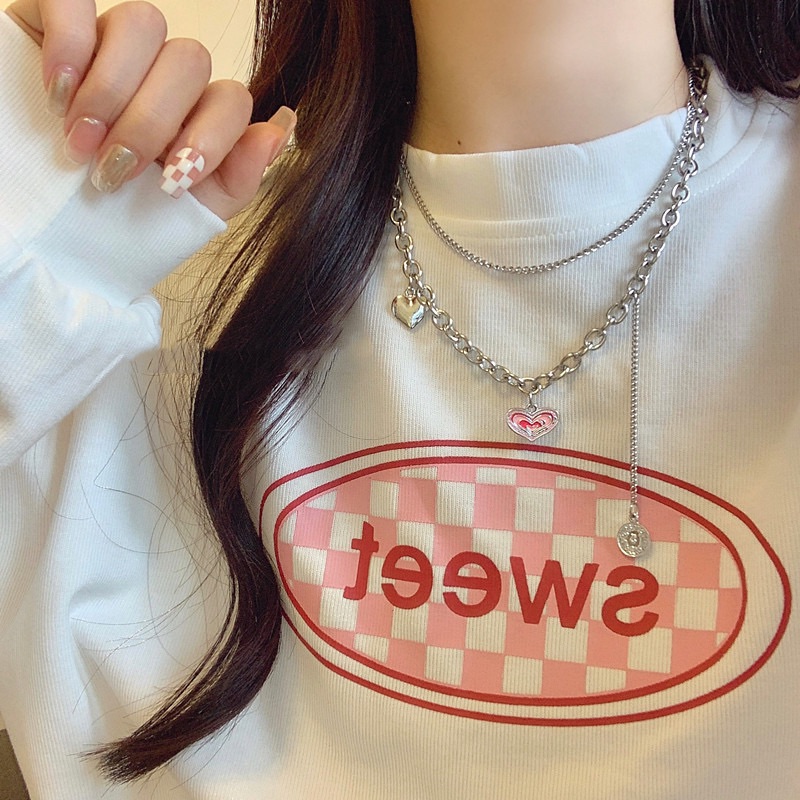 粉色愛心雙層疊戴項鍊💗 ins心動甜美吊墜 設計感飾品
