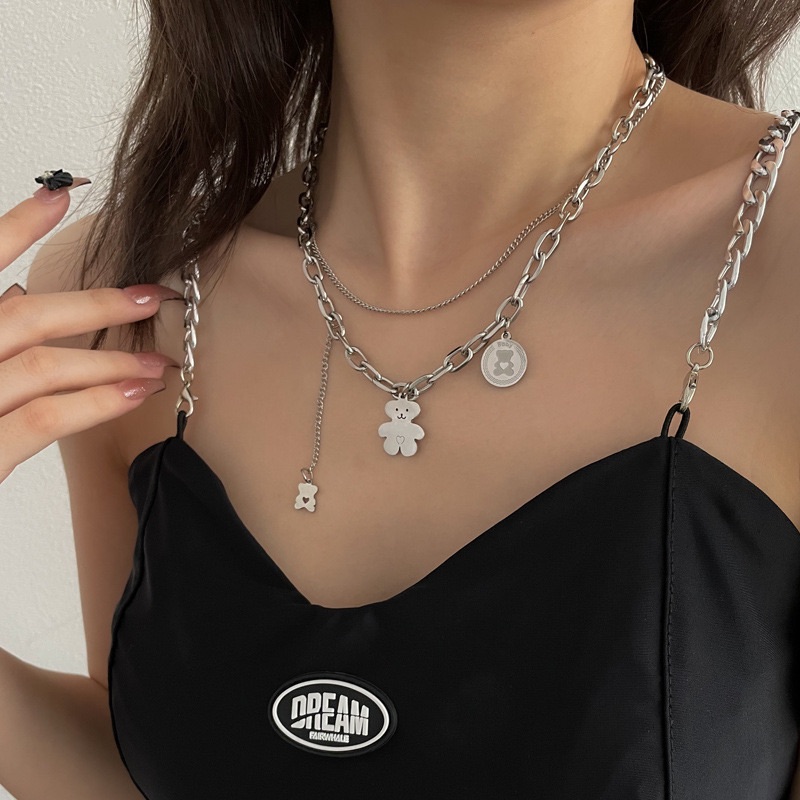 甜酷雙層疊戴小熊鎖骨鏈 嘻哈辣妹設計感項鍊 歐美個性吊墜飾品