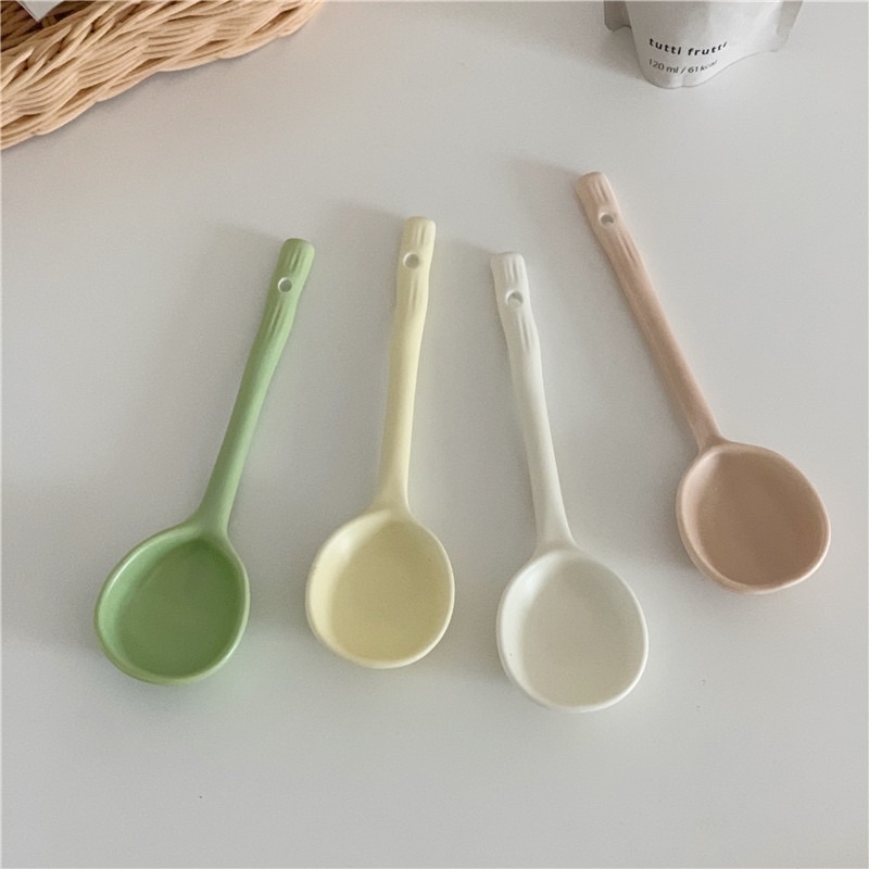 ins奶油色陶瓷湯匙 手捏純色高級感勺子 高顏值家用餐具 甜品勺咖啡勺