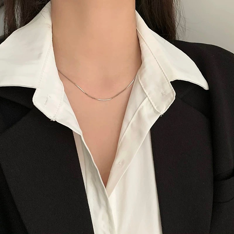 銀色極簡鎖骨鏈 疊戴素圈蛇骨鏈 高級感項鍊