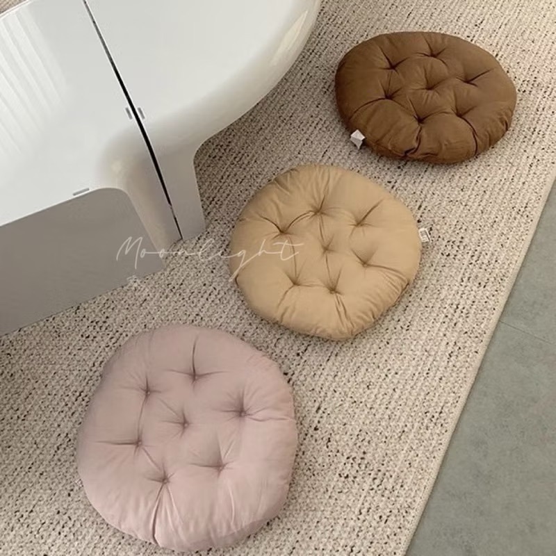 奶油色加厚圓形坐墊 ins質感莫蘭迪色椅墊 簡約素色地板座墊 純色學生辦公室宿舍靠枕