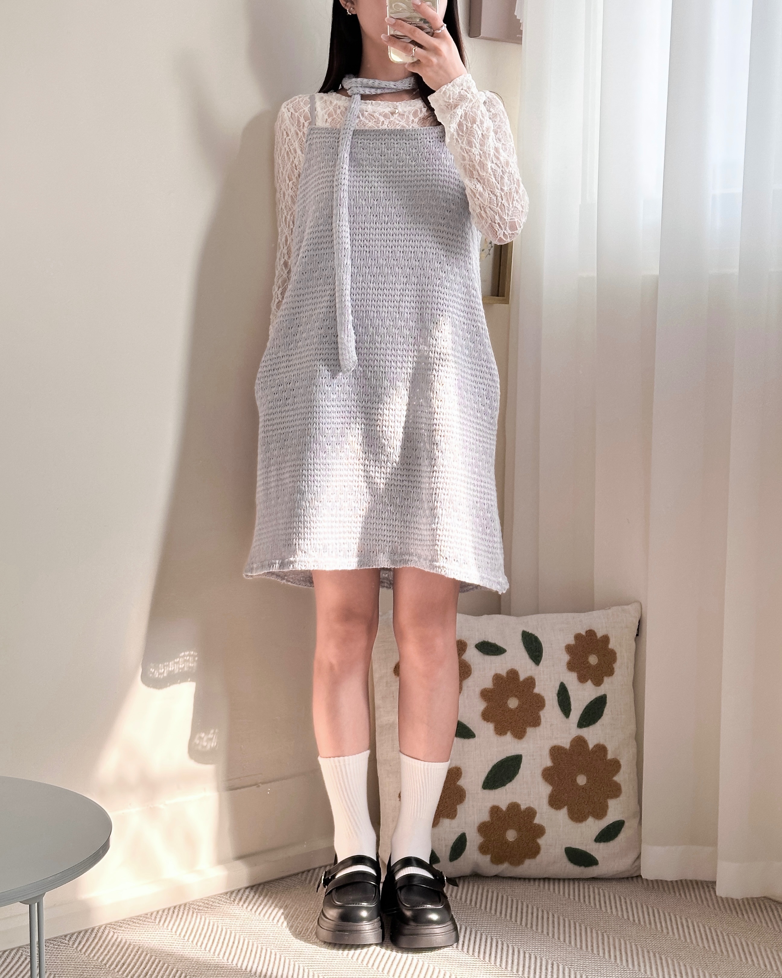 鏤空緹花針織細肩短洋（附綁帶）