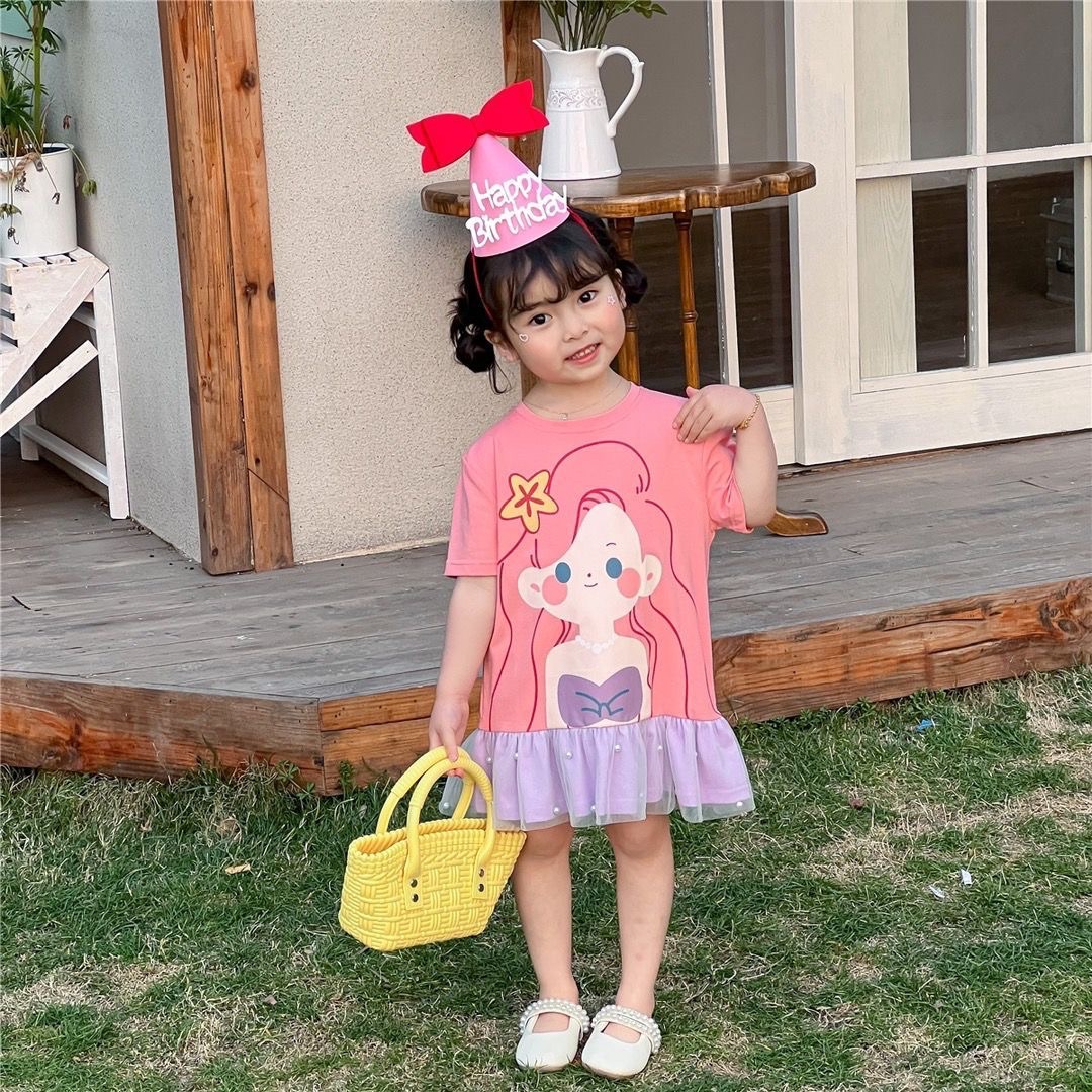 春夏新品 中小女童公主印花拼接休閒洋裝