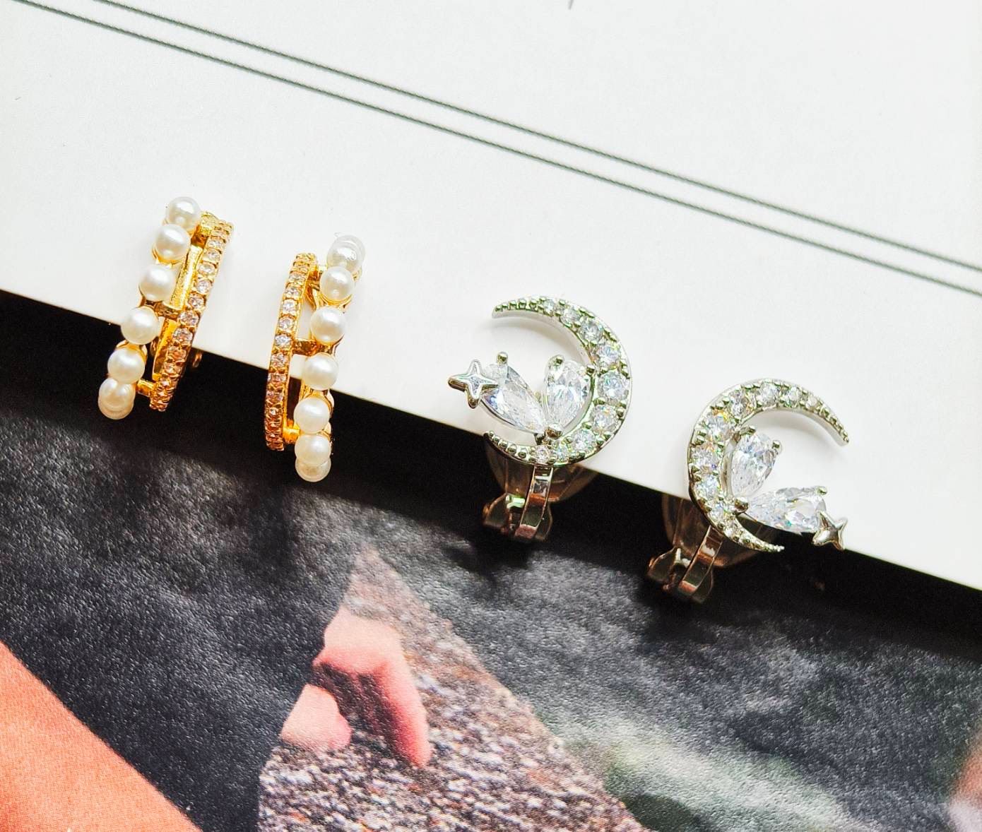 月亮與星星 ＆ 雙圈珍珠耳夾