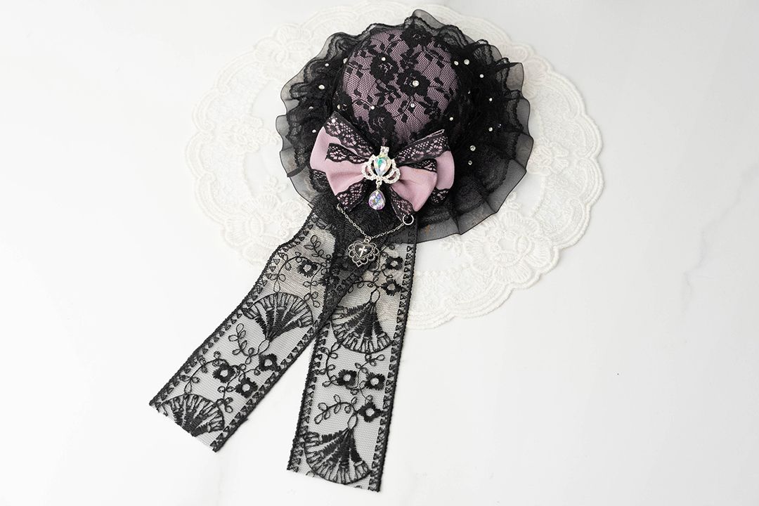 紫黑蕾絲手工貼鑽小禮帽髮夾｜黑紫粉