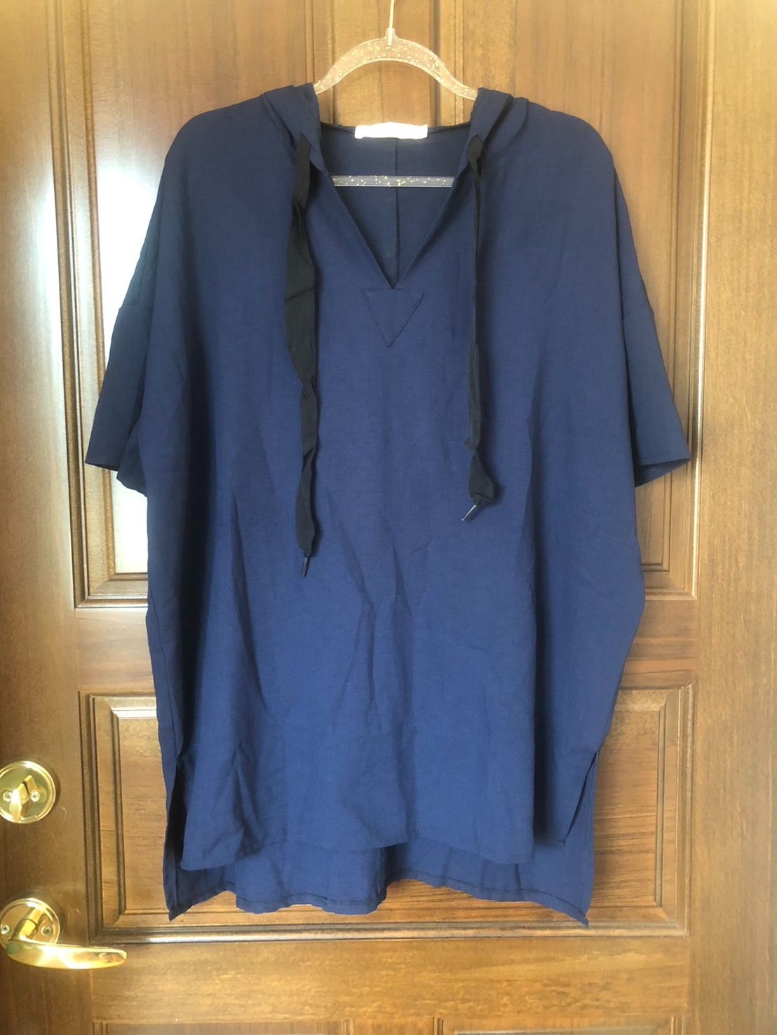 ♛ROSEMAYR♛廠商寄賣-F03-5011中大尺碼 深藍連帽抽繩短袖上衣 展示品