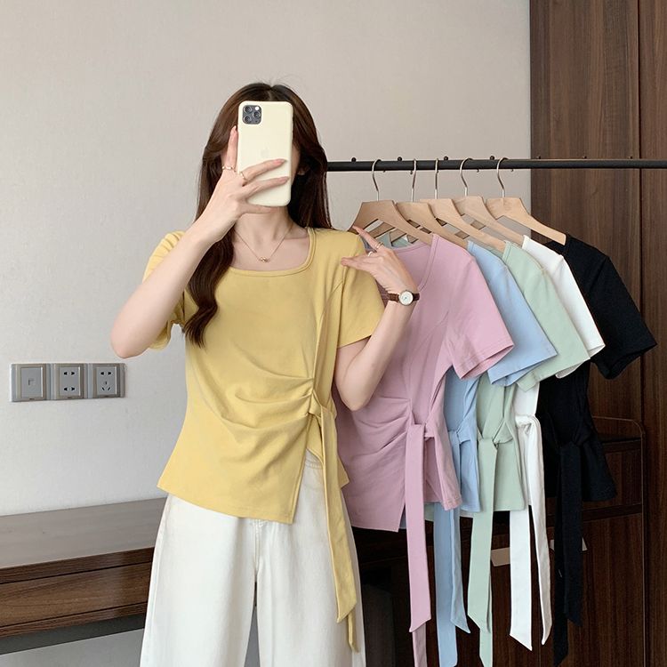 【預購】大尺碼 圓領不規則綁帶短袖T L-4L 不規則綁帶短袖T恤女 夏季新款設計感時尚百搭上衣T恤衫 R90837