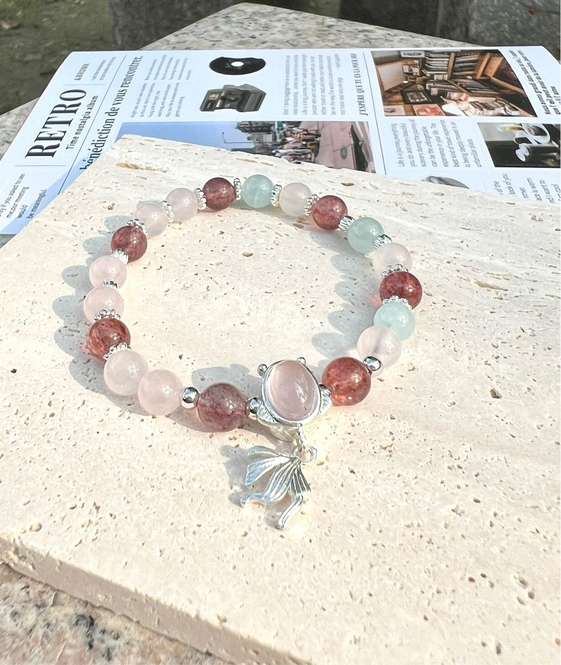 手鍊-粉晶、草莓晶、海藍寶、粉晶鬥魚