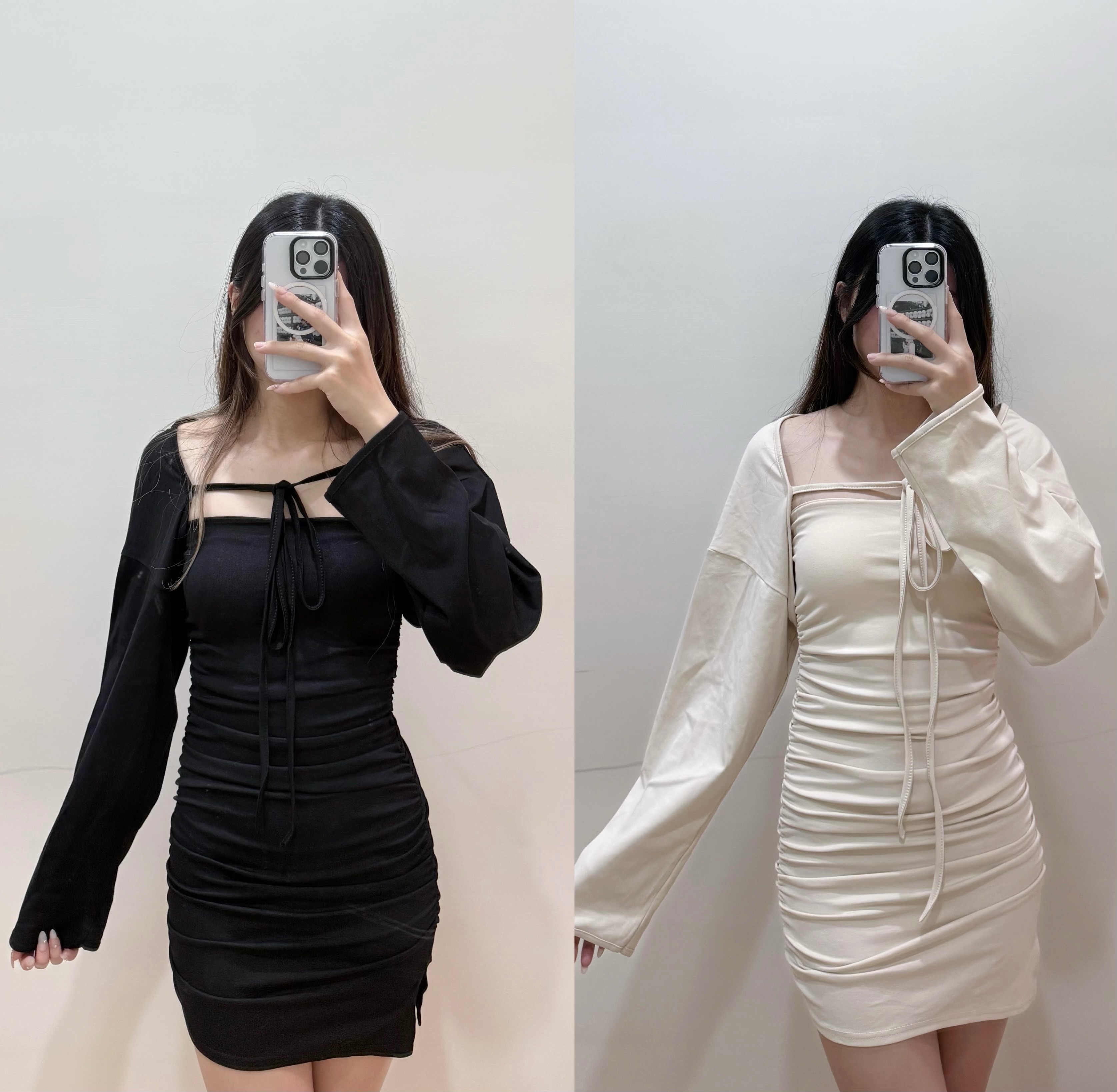 連身抓皺包臀裙+罩衫set（杏色/黑色）（有胸墊）