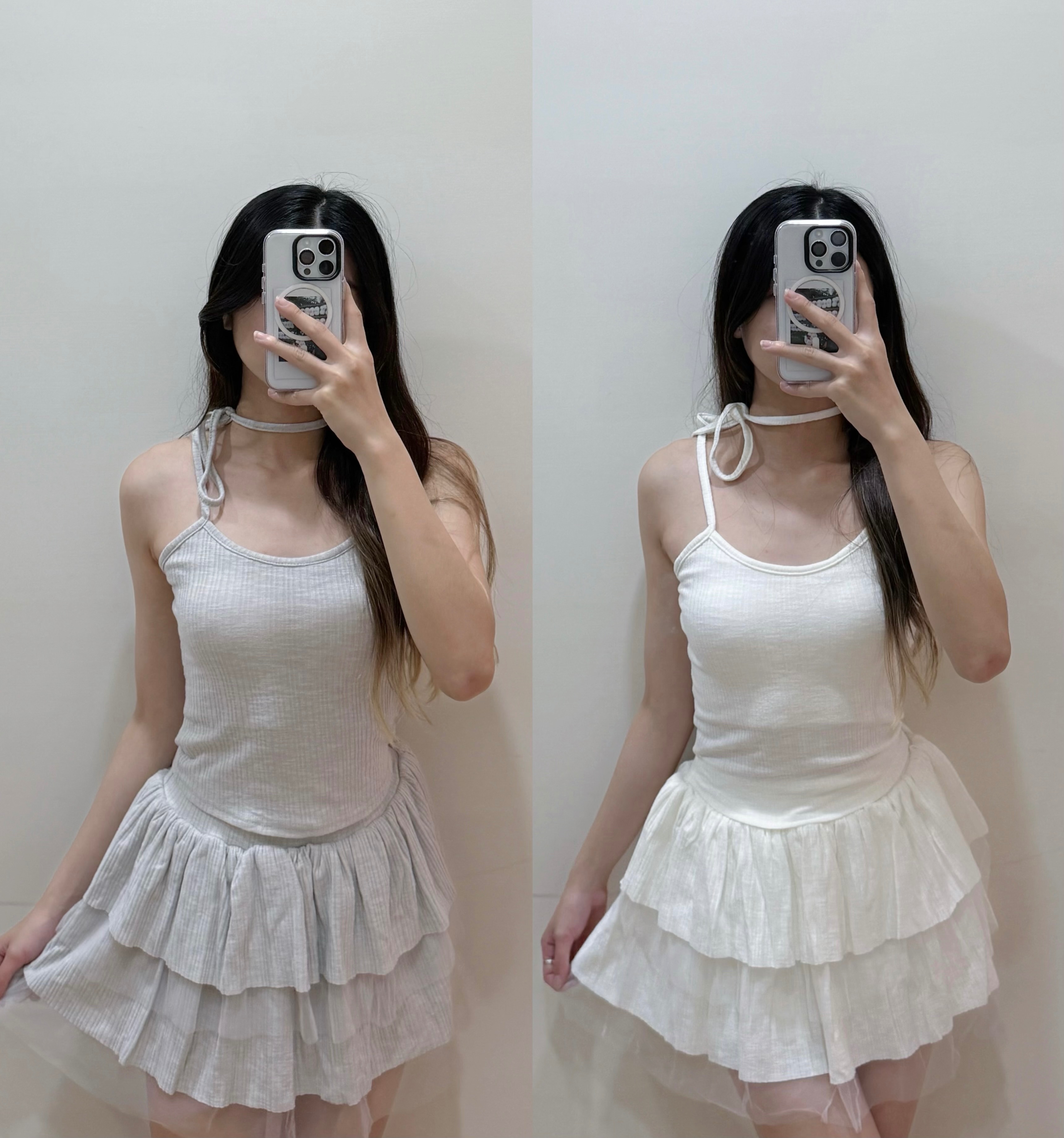 修身綁帶背心+拼接網紗蓬蓬裙set（白色/杏灰）（有胸墊）
