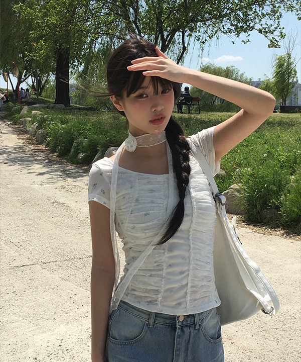비언 플라워 셔링 반팔 티셔츠（三色）