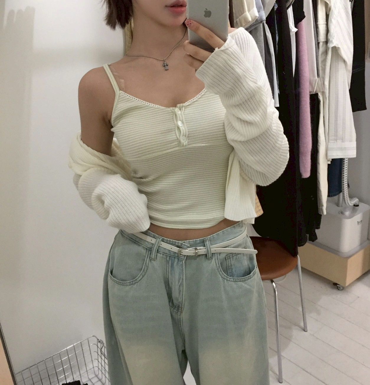 페어 단가라 레벨 골지 탑 나시 슬리브리（三色）