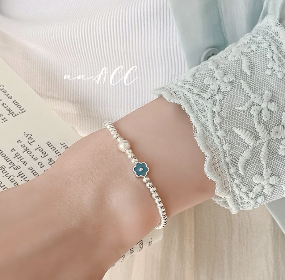 純銀藍色小花珍珠手鍊