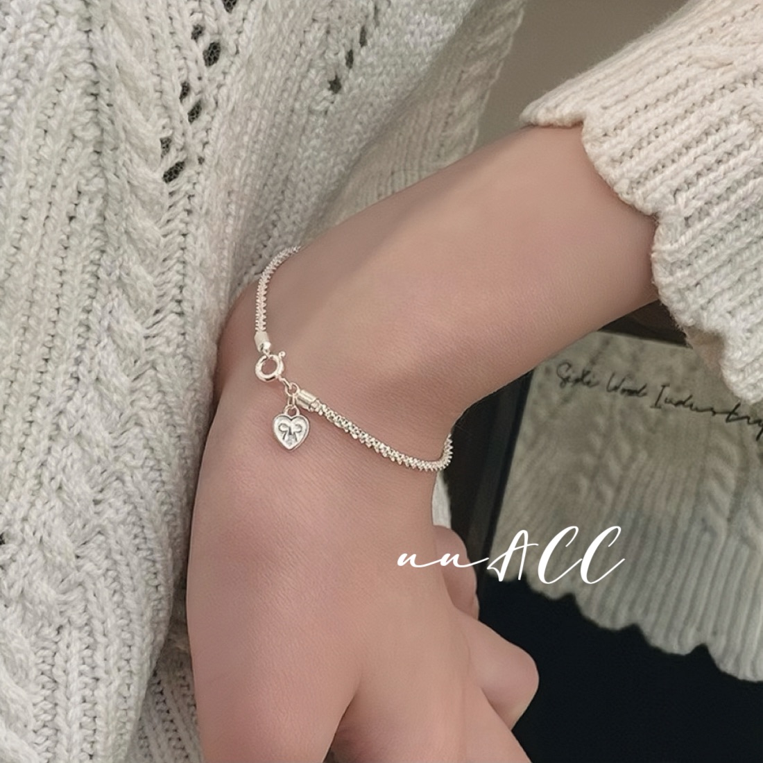 純銀愛心蝴蝶結碎銀手鏈