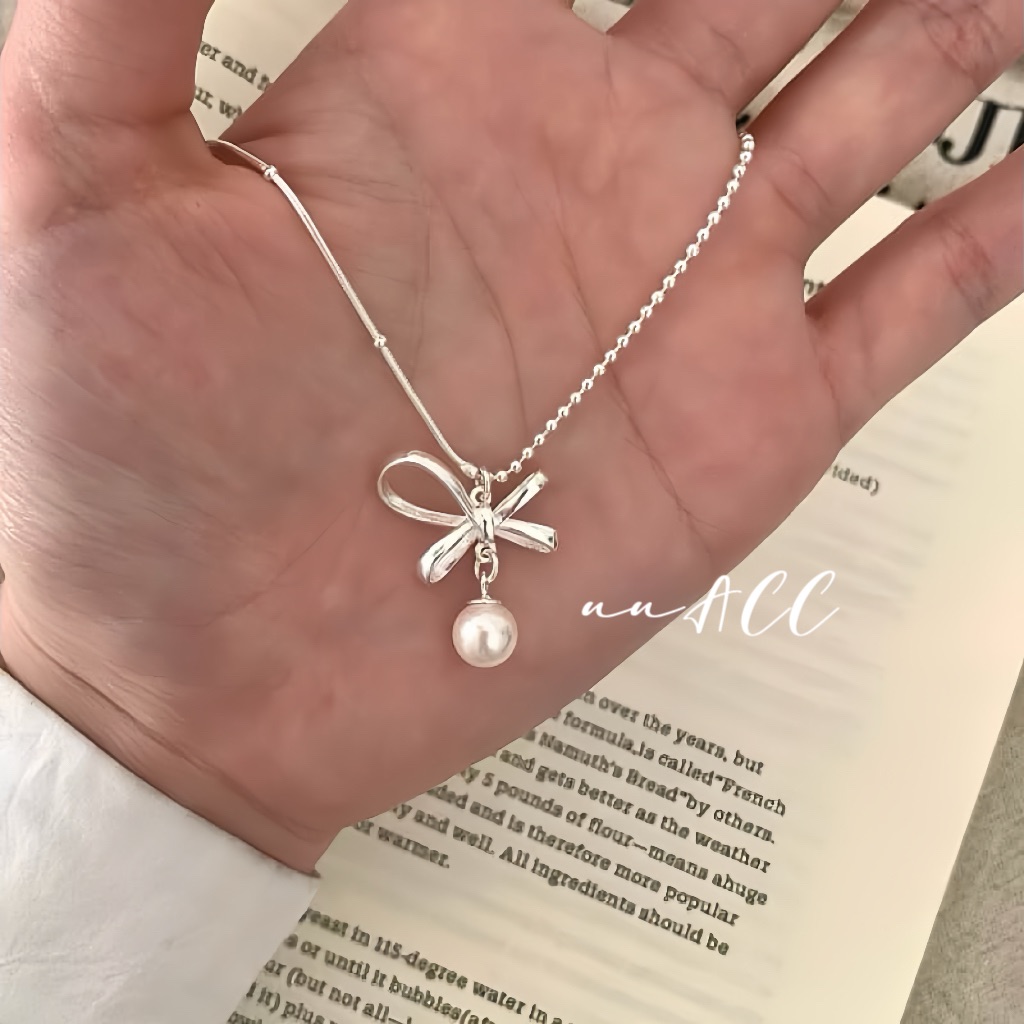 純銀不對稱蝴蝶結珍珠項鍊