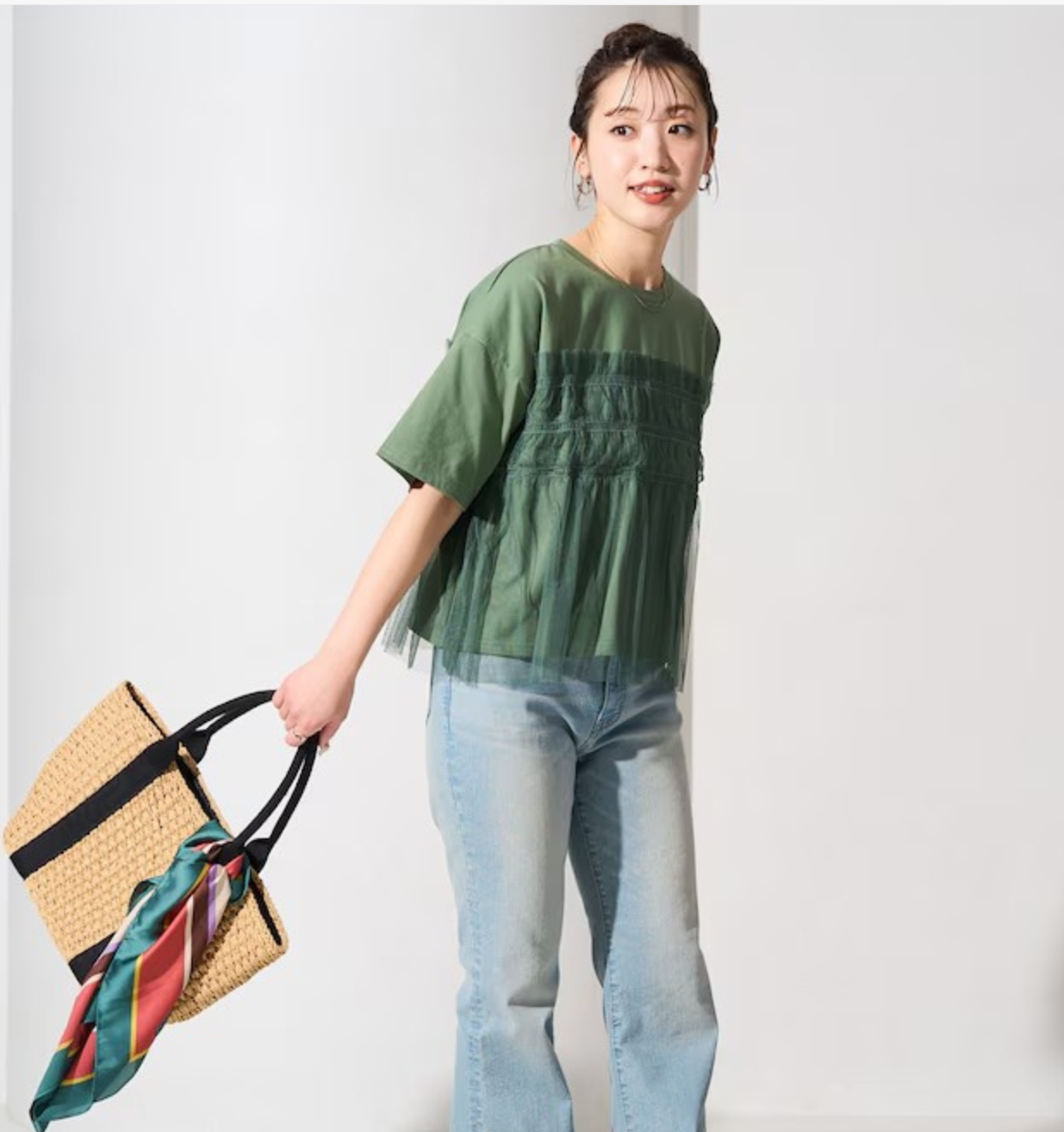 桃莉琪*moki*單品!!日系顯白拼接紗質小裙擺造型T-綠色現貨