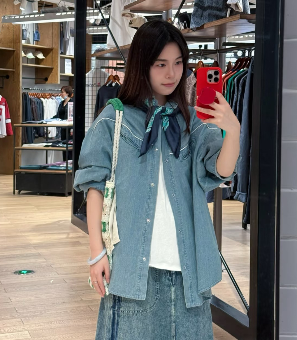 桃莉琪*moki*單品!!復古牛仔風格口袋線條襯衫-現貨