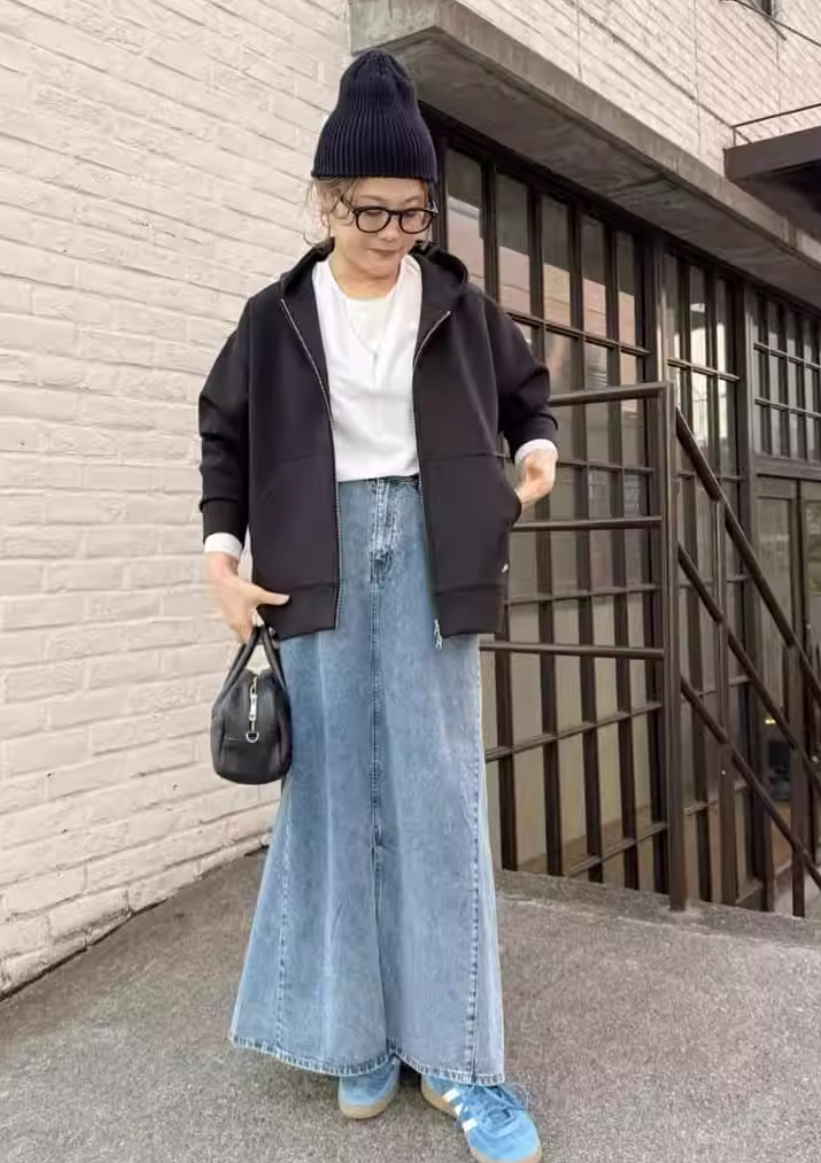 桃莉琪*moki*日系雪花水洗刷色牛仔長裙-現貨