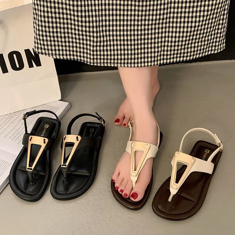 A991 夏季必備 韓版爆款 三角釦飾 夾腳涼鞋 平底涼鞋