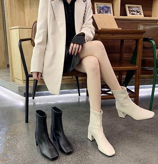 G007 高質感透氣軟皮料 方頭短靴 粗跟短靴 中筒靴