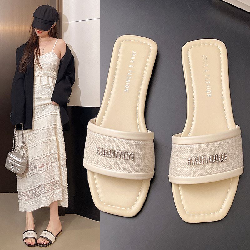 5779 韓風質感 寬版一字 棉麻拼接 方頭拖鞋 平底拖鞋