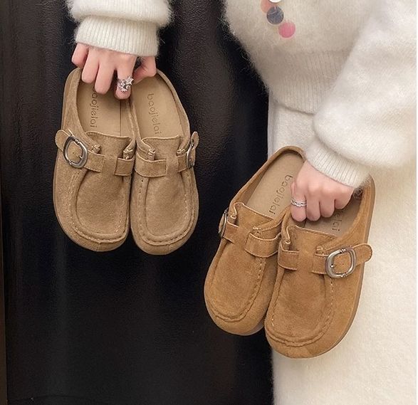 D17 韓版 麂皮質感 超好穿勃肯拖鞋 乳膠軟底 圓頭皮帶釦 包頭半拖 勃肯鞋 穆勒鞋 懶人鞋