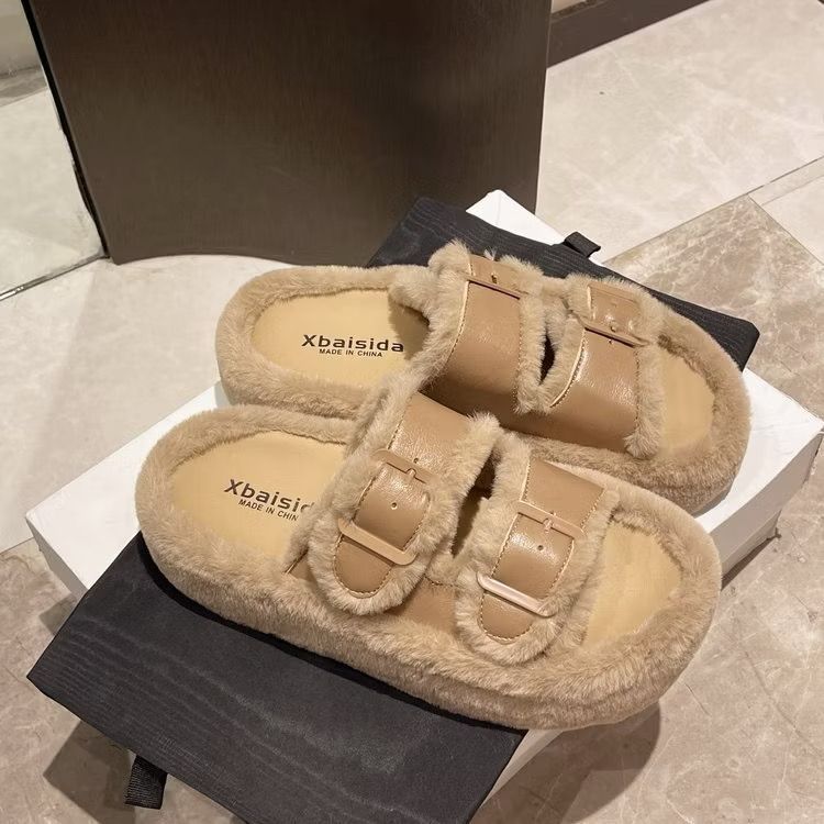 5811 超好穿 高級感絨毛 雙帶設計 舒適軟底 毛毛拖鞋 厚底拖鞋 保暖拖鞋