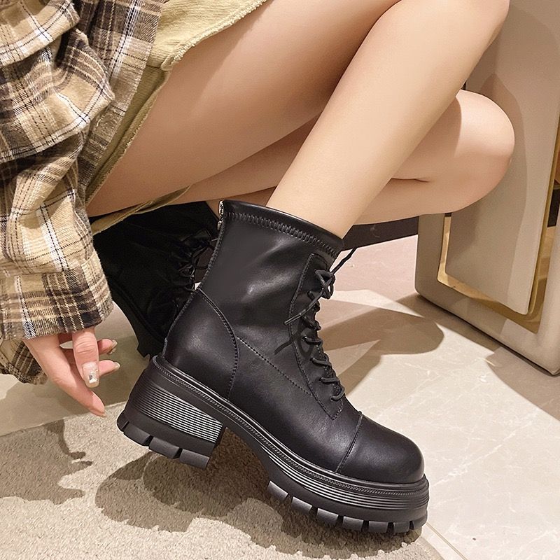 6205 百搭爆款 高質感超纖皮革 圓頭 厚底粗跟 馬丁靴 中筒靴 短靴