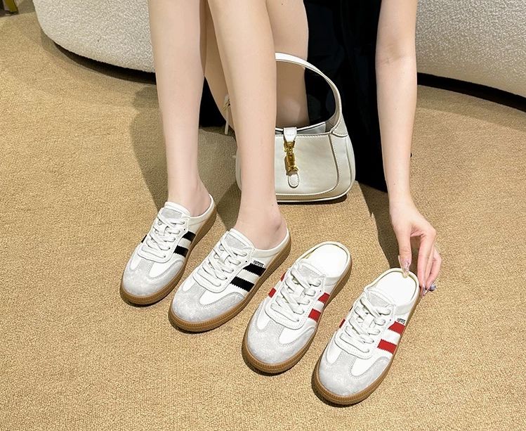 AA18 小白鞋 女 百搭休閒鞋 半包拖鞋 穆勒 增高2cm 顯腿長 撞色設計 超好走不磨腳