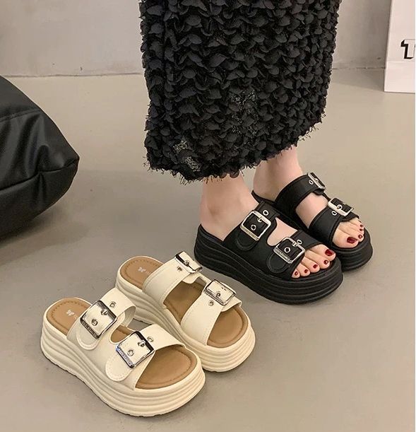 現貨🔥厚底涼拖鞋女 5cm增高顯瘦｜雙扣穩定不磨腳｜百搭黑/米色 春季新款舒適拖鞋