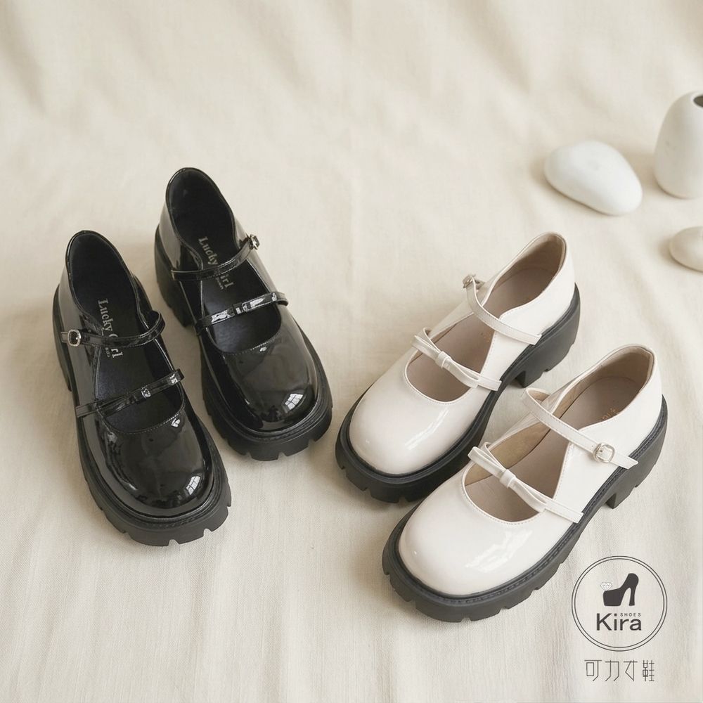 【可力女鞋】現貨 厚底瑪莉珍鞋 雙帶鋸齒底 增高顯瘦 皮鞋 學院風 圓頭單鞋  厚底黑皮鞋