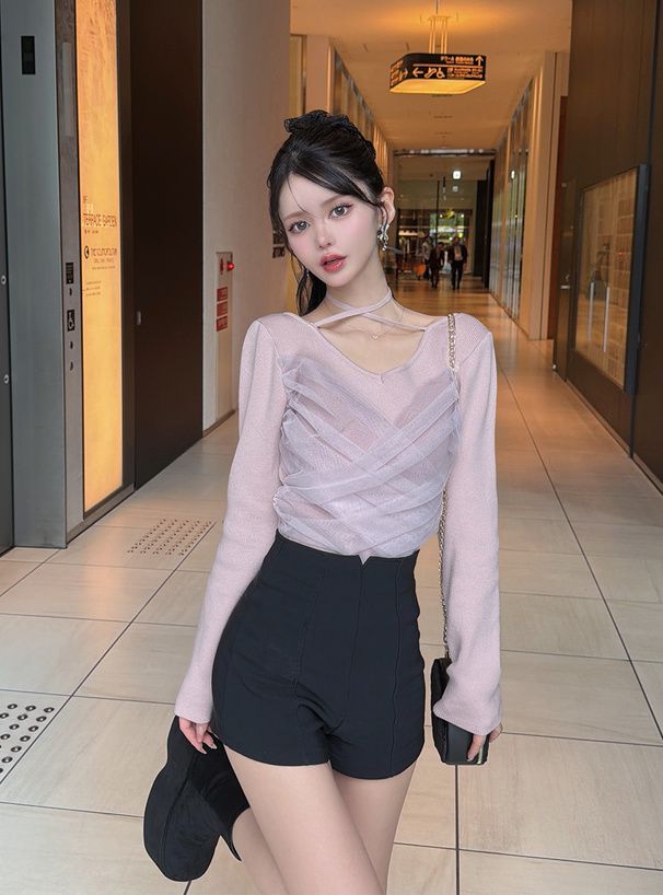 2893 緞帶薄紗垂褶針織上衣