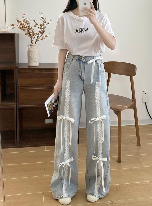 2929 緞帶蕾絲荷葉邊寬牛仔褲