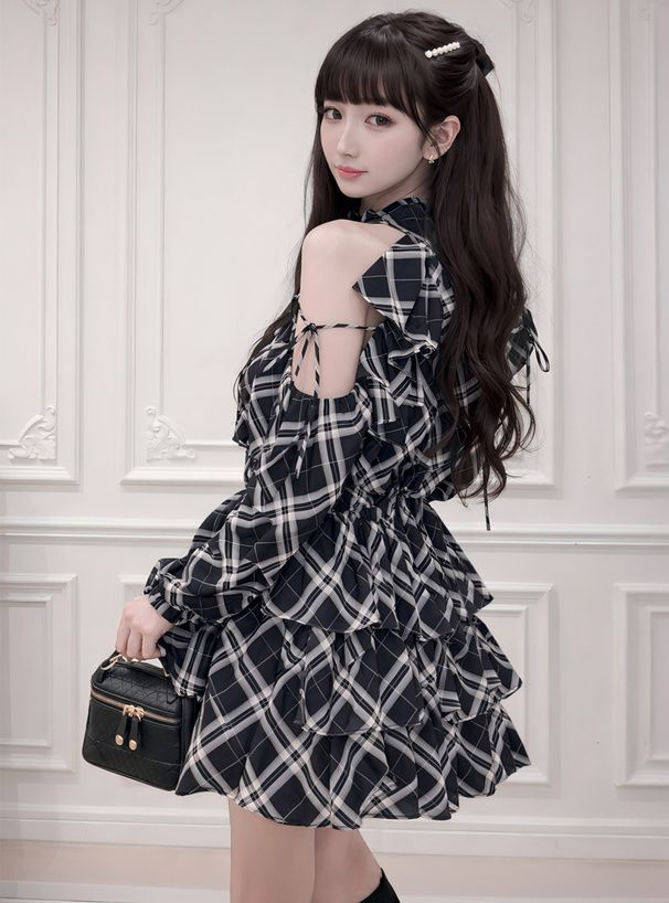 2996 格紋露肩羅紋迷你連身裙