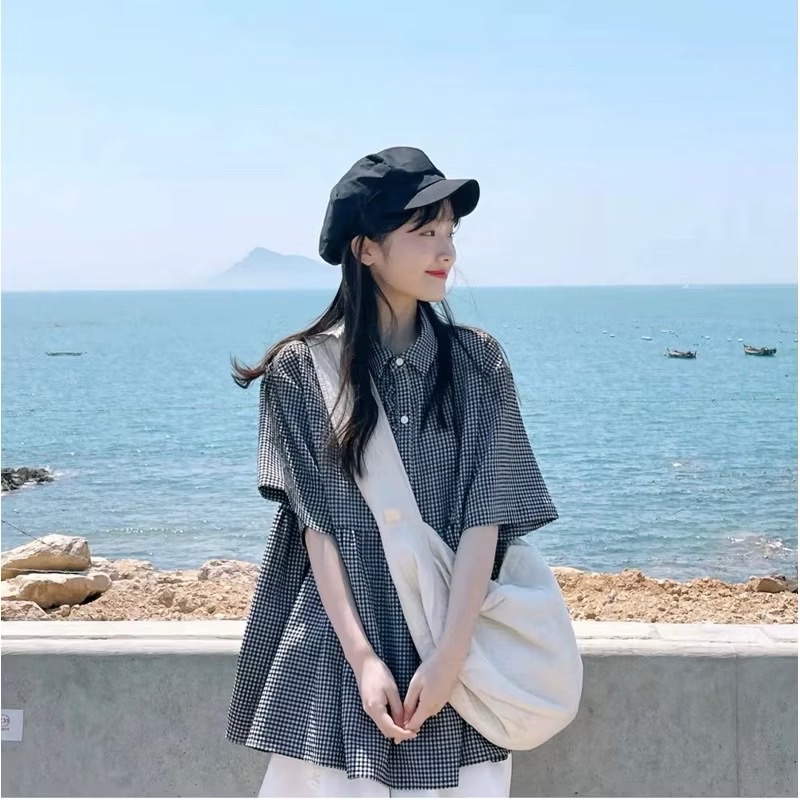 日系復古小清晰格子翻領上衣+純色A字鬆緊長裙