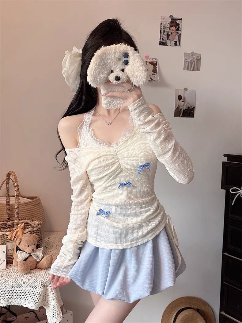 奶油藍莓派🫐假兩件蕾絲蝴蝶結上衣+澎澎花苞裙套裝