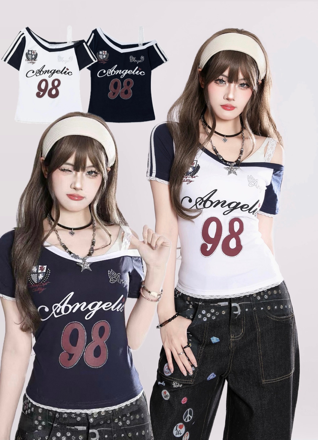 美式蕾絲單露肩字母印花球衣