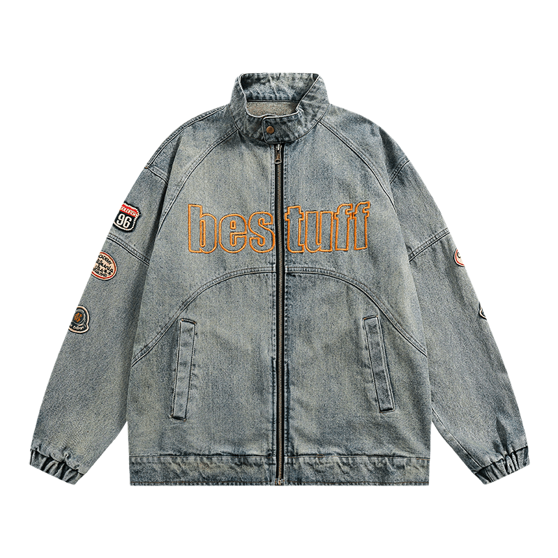 美式復古刺繡貼標立領牛仔外套🔥