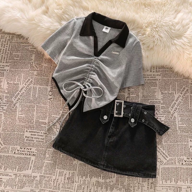 韓系套裝🩶🖤設計感翻領抽繩上衣+皮帶短裙